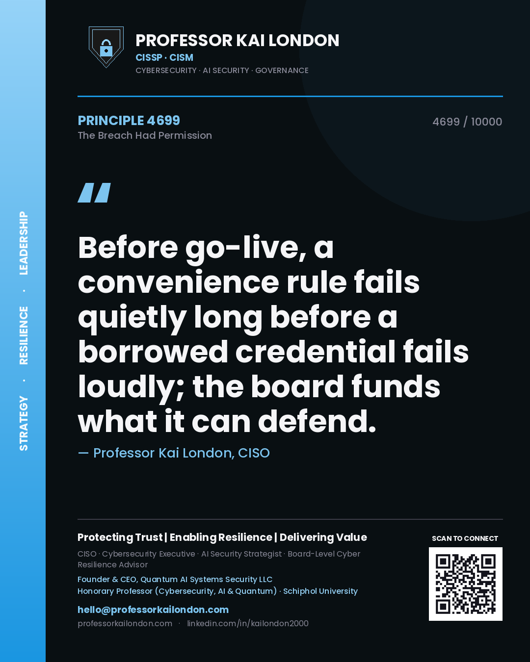 Quote card by Professor Kai London reading 'Before go-live, a convenience rule fails quietly long before a borrowed credential fails loudly; the board funds what it can defend.'. From the book The Breach Had Permission.