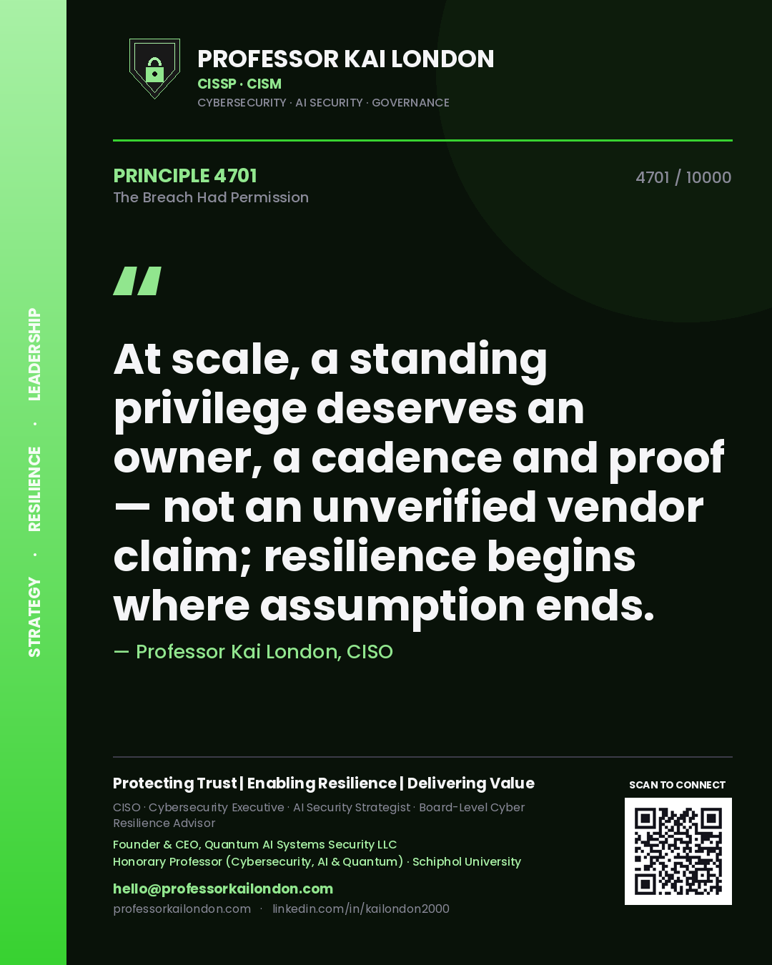 Quote card by Professor Kai London reading 'At scale, a standing privilege deserves an owner, a cadence and proof — not an unverified vendor claim; resilience begins where assumption ends.'. From the book The Breach Had Permission.