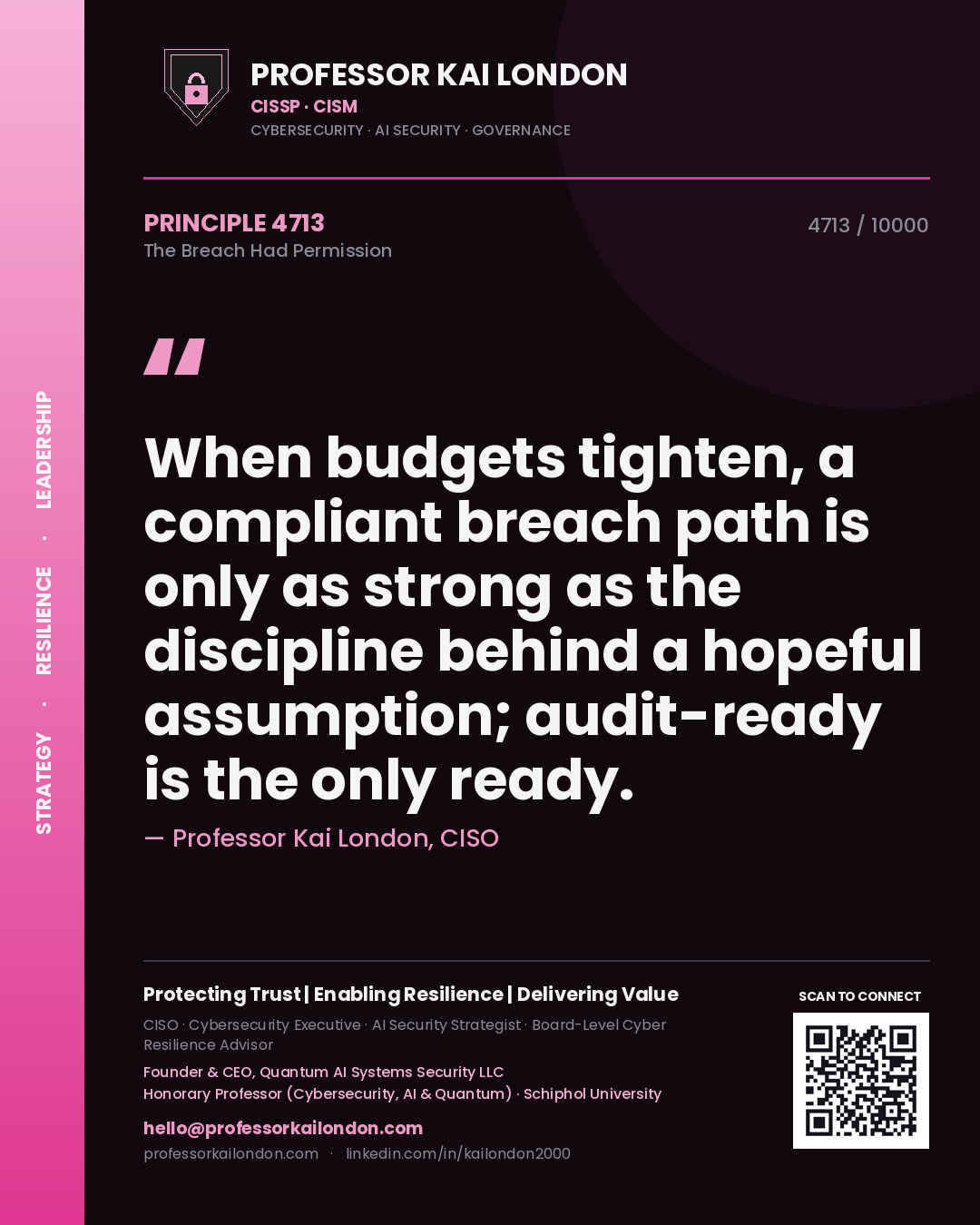 Quote card by Professor Kai London reading 'When budgets tighten, a compliant breach path is only as strong as the discipline behind a hopeful assumption; audit-ready is the only ready.'. From the book The Breach Had Permission.