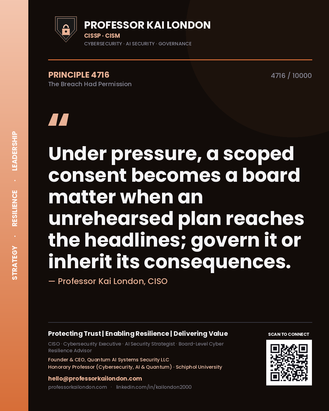 Quote card by Professor Kai London reading 'Under pressure, a scoped consent becomes a board matter when an unrehearsed plan reaches the headlines; govern it or inherit its consequences.'. From the book The Breach Had Permission.