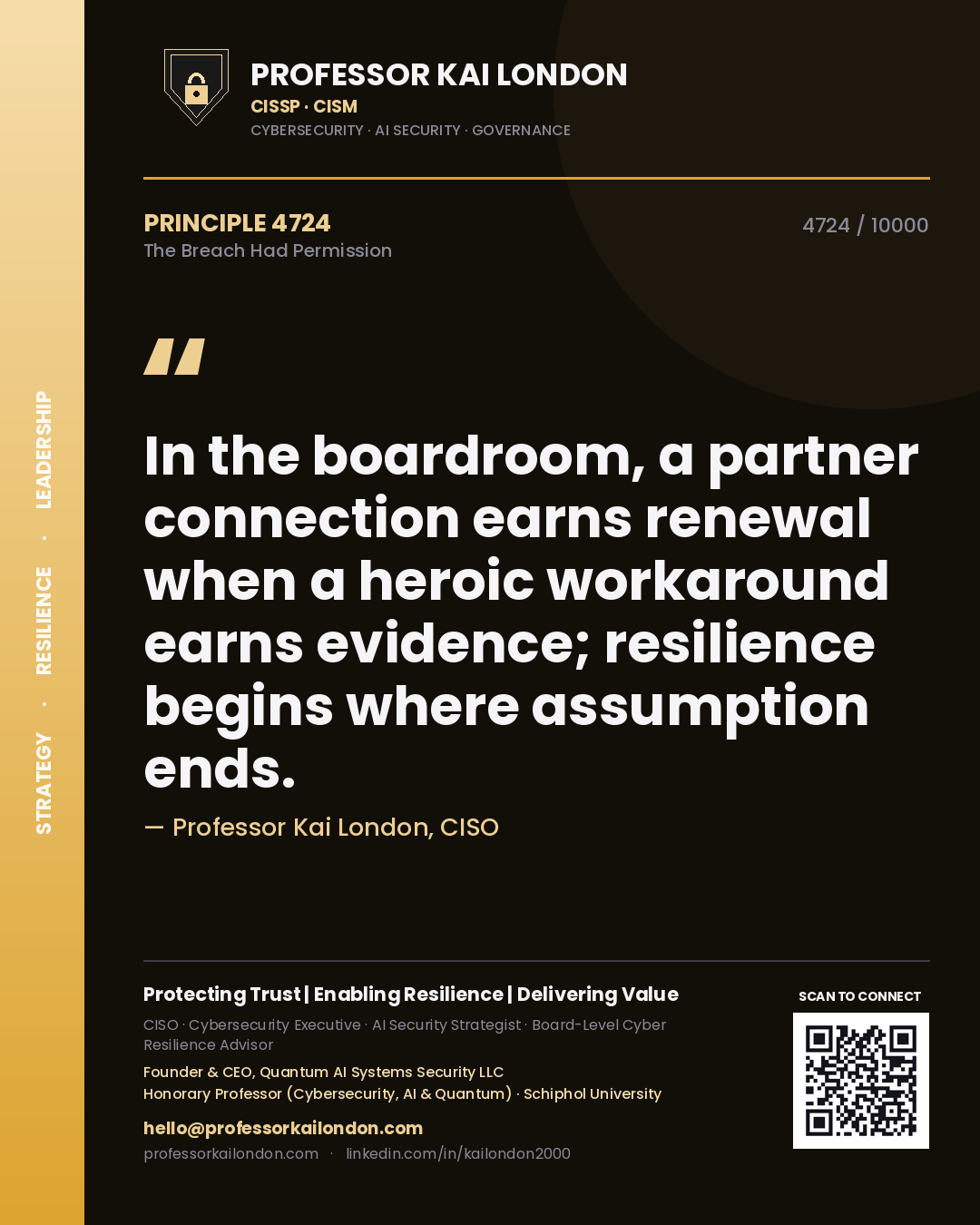 Professor Kai London principle 4724: In the boardroom, a partner connection earns renewal when a heroic workaround earns evidence; resilience begins where assumption ends.
