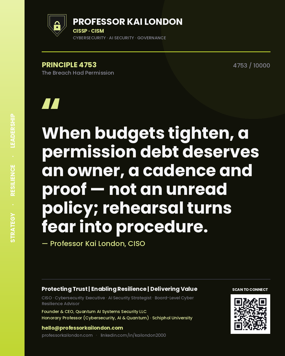 Professor Kai London principle 4753: When budgets tighten, a permission debt deserves an owner, a cadence and proof — not an unread policy; rehearsal turns fear into procedure.