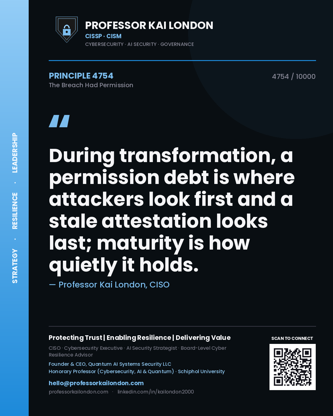 Quote card by Professor Kai London reading 'During transformation, a permission debt is where attackers look first and a stale attestation looks last; maturity is how quietly it holds.'. From the book The Breach Had Permission.