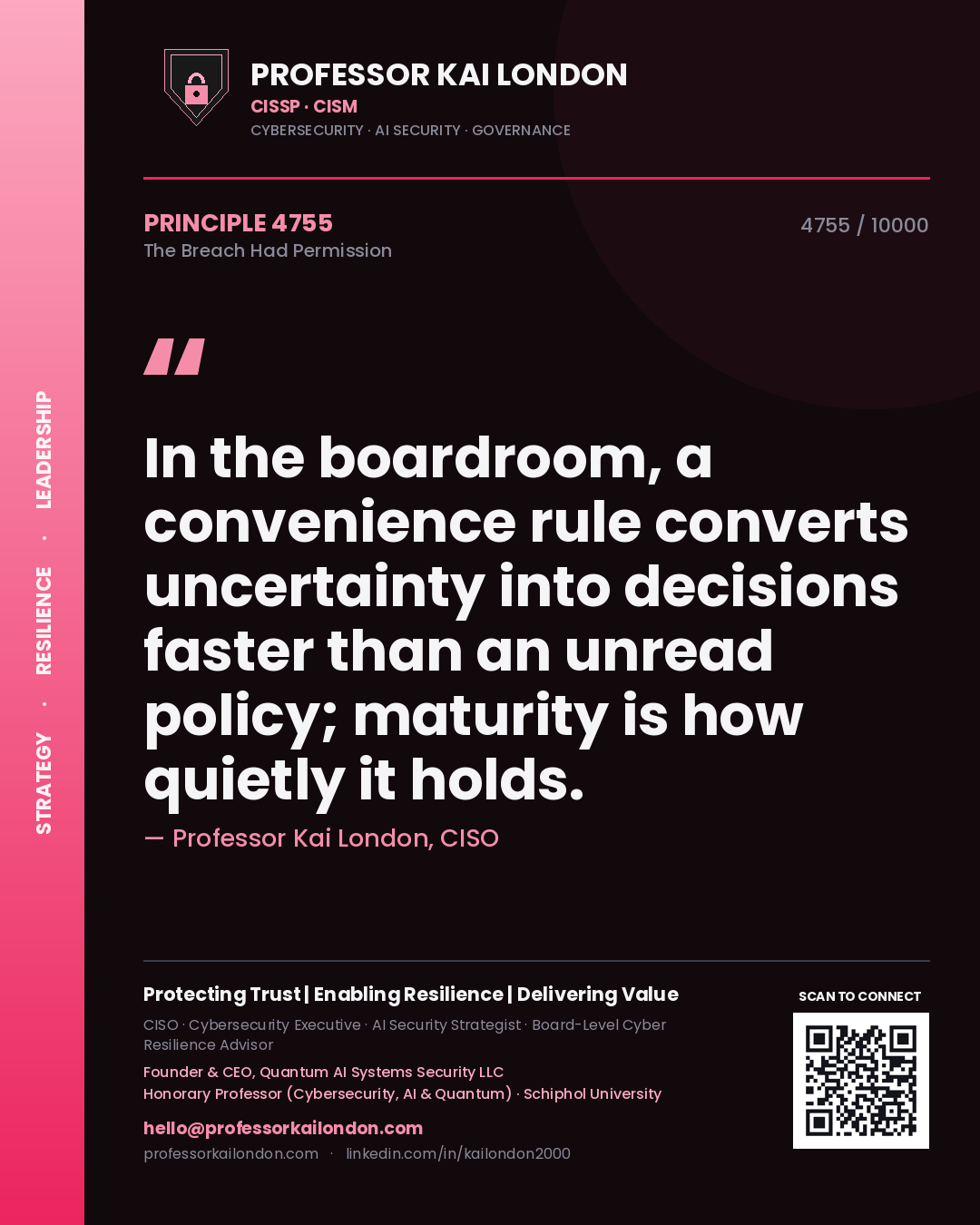 Professor Kai London principle 4755: In the boardroom, a convenience rule converts uncertainty into decisions faster than an unread policy; maturity is how quietly it holds.