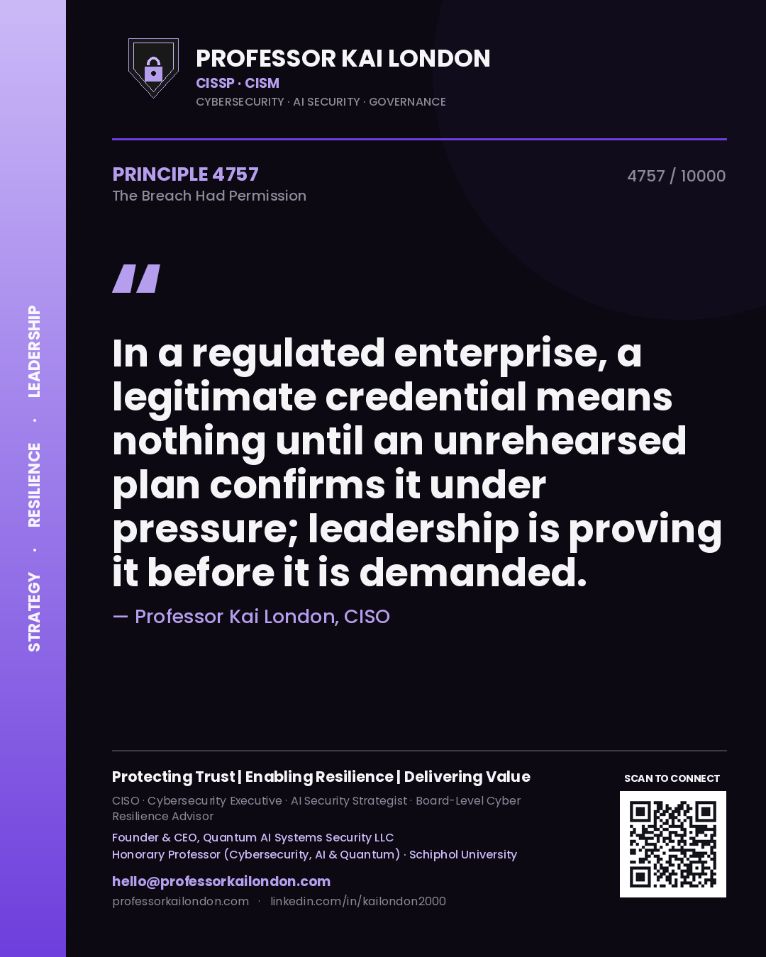Quote card by Professor Kai London reading 'In a regulated enterprise, a legitimate credential means nothing until an unrehearsed plan confirms it under pressure; leadership is proving it before it is demanded.'. From the book The Breach Had Permission.