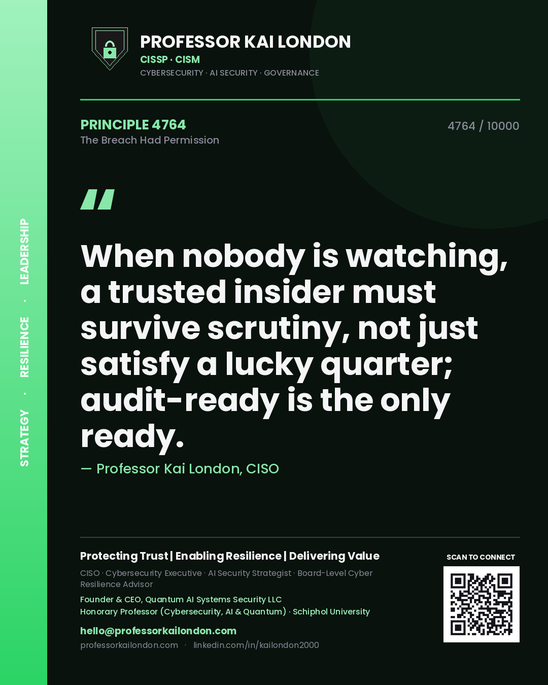Professor Kai London principle 4764: When nobody is watching, a trusted insider must survive scrutiny, not just satisfy a lucky quarter; audit-ready is the only ready.
