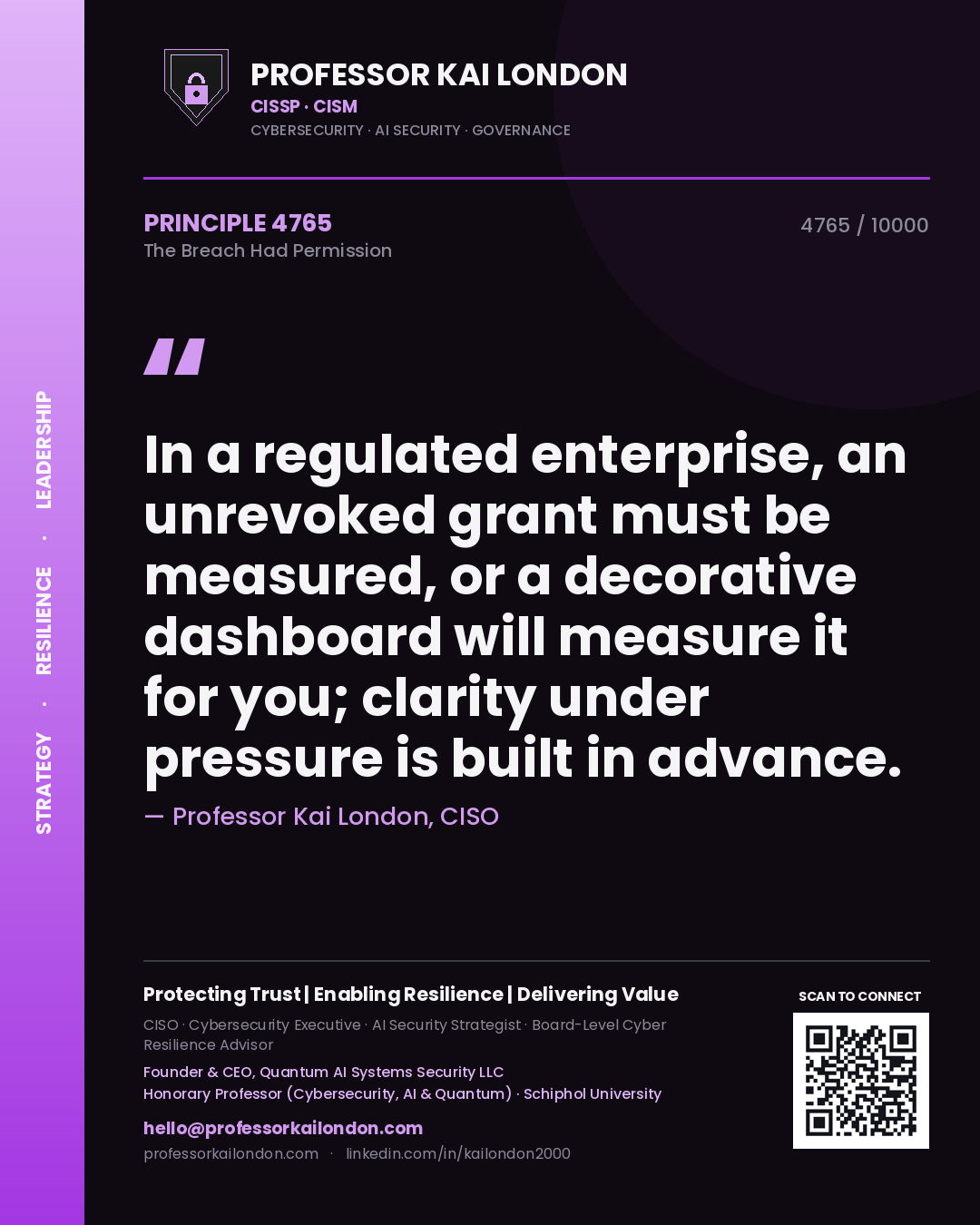 Professor Kai London principle 4765: In a regulated enterprise, an unrevoked grant must be measured, or a decorative dashboard will measure it for you; clarity under pressure is built in advance.