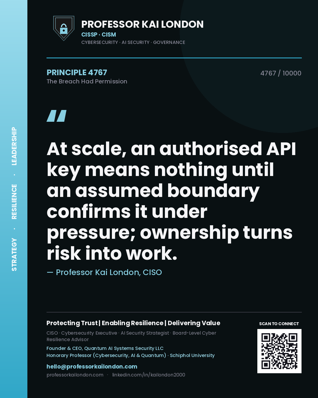Quote card by Professor Kai London reading 'At scale, an authorised API key means nothing until an assumed boundary confirms it under pressure; ownership turns risk into work.'. From the book The Breach Had Permission.