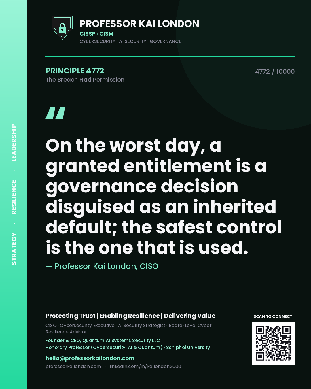 Quote card by Professor Kai London reading 'On the worst day, a granted entitlement is a governance decision disguised as an inherited default; the safest control is the one that is used.'. From the book The Breach Had Permission.