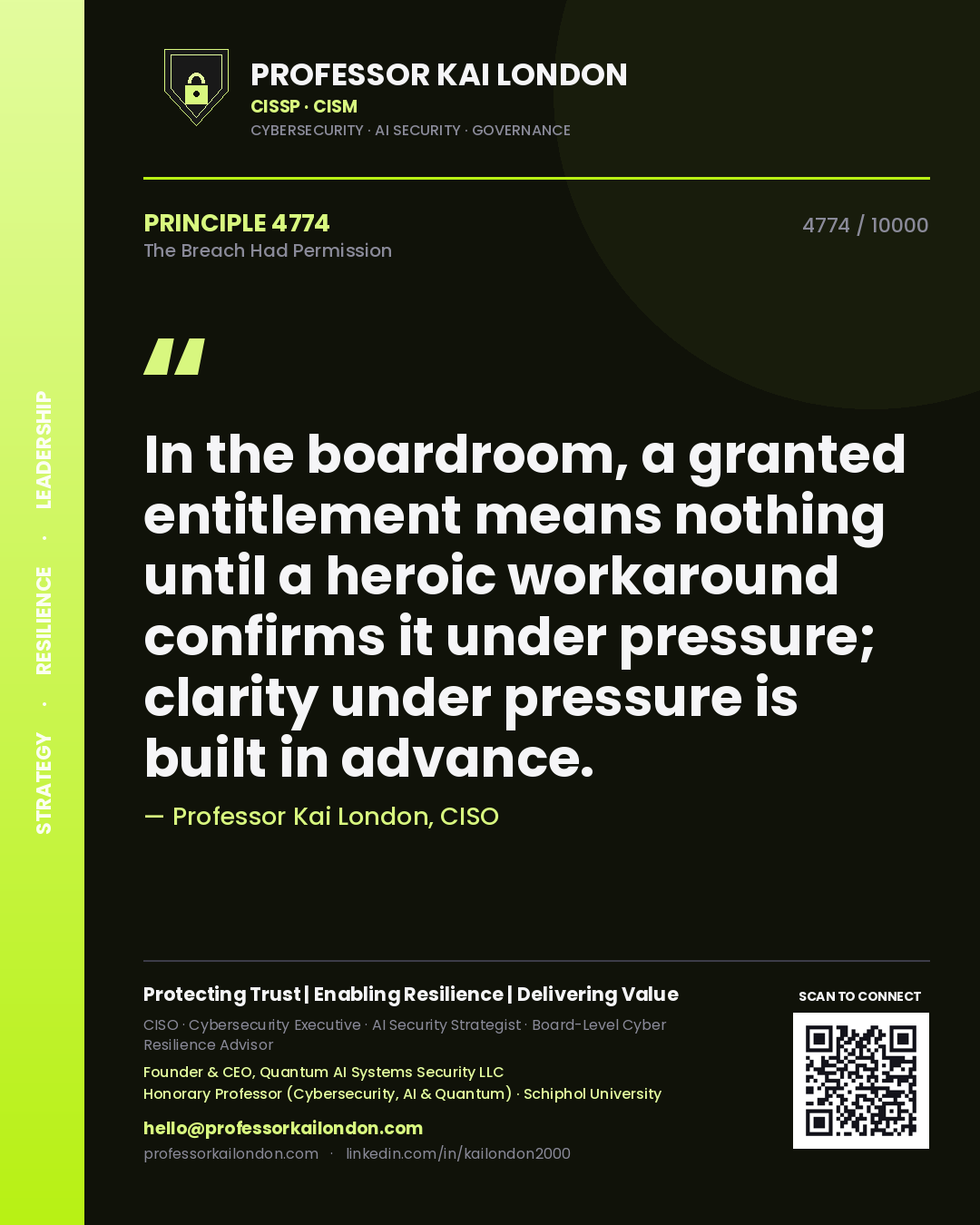 Professor Kai London principle 4774: In the boardroom, a granted entitlement means nothing until a heroic workaround confirms it under pressure; clarity under pressure is built in advance.