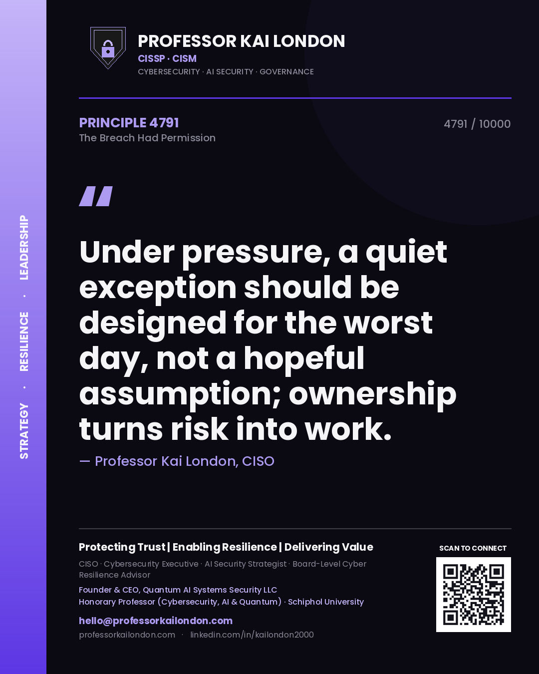 Quote card by Professor Kai London reading 'Under pressure, a quiet exception should be designed for the worst day, not a hopeful assumption; ownership turns risk into work.'. From the book The Breach Had Permission.