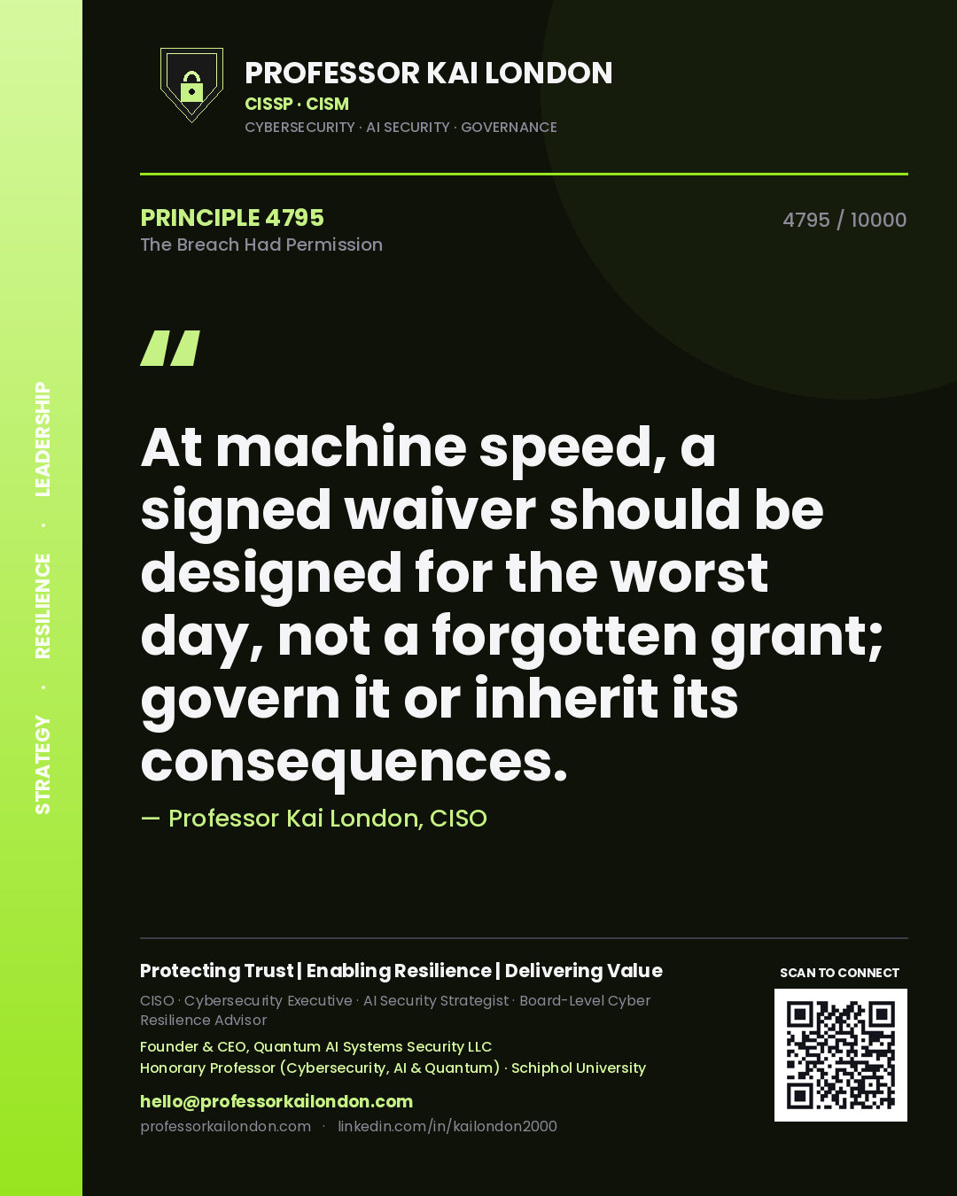 Professor Kai London principle 4795: At machine speed, a signed waiver should be designed for the worst day, not a forgotten grant; govern it or inherit its consequences.