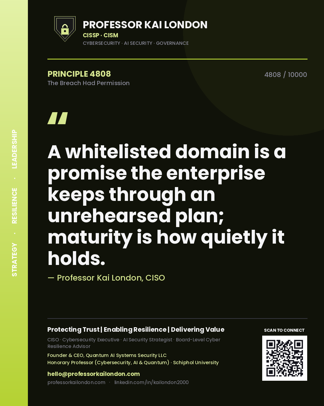 Quote card by Professor Kai London reading 'A whitelisted domain is a promise the enterprise keeps through an unrehearsed plan; maturity is how quietly it holds.'. From the book The Breach Had Permission.