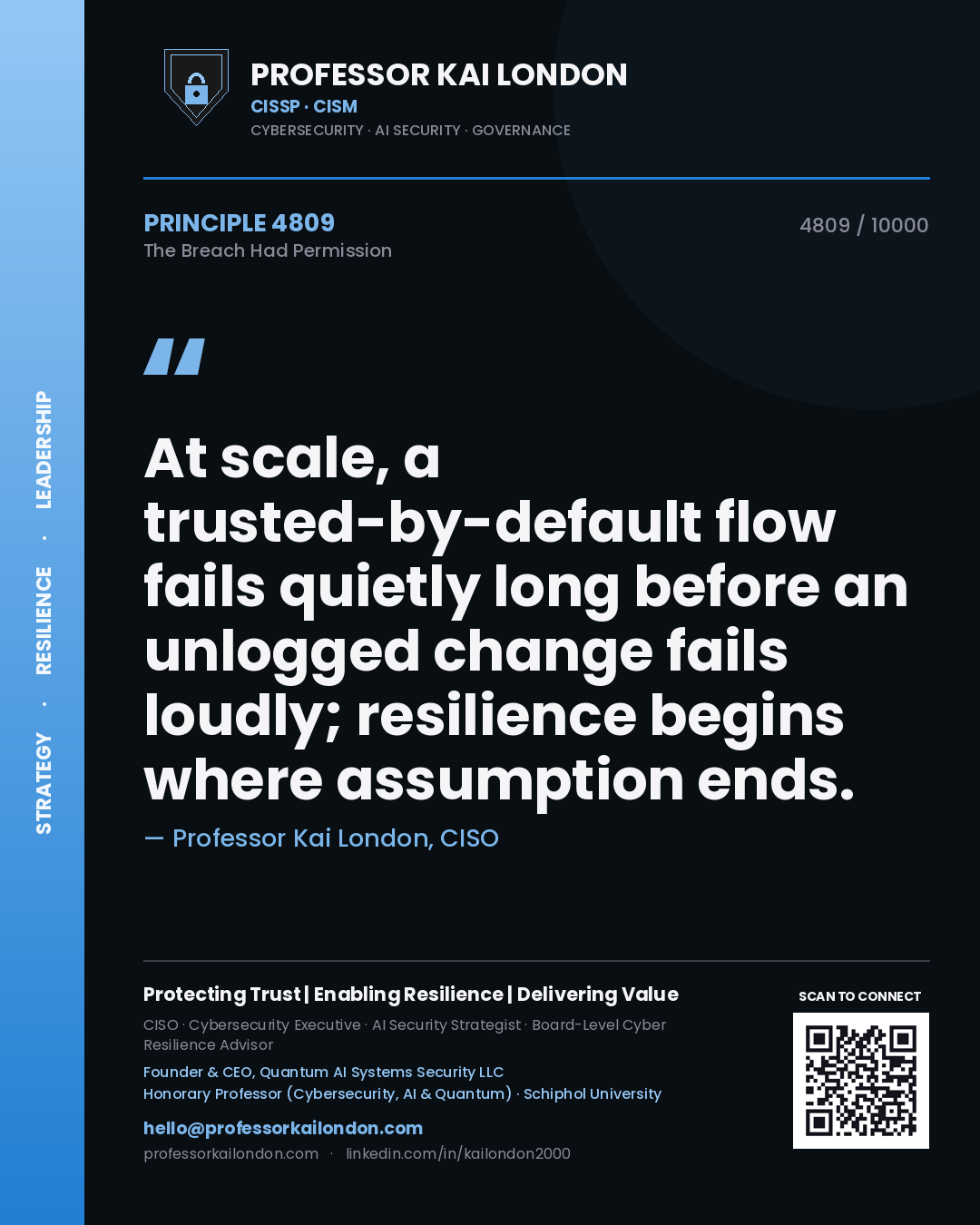 Quote card by Professor Kai London reading 'At scale, a trusted-by-default flow fails quietly long before an unlogged change fails loudly; resilience begins where assumption ends.'. From the book The Breach Had Permission.