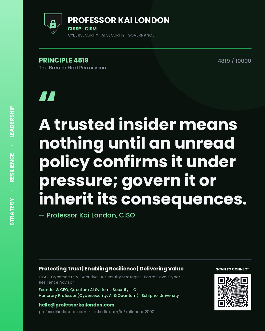 Quote card by Professor Kai London reading 'A trusted insider means nothing until an unread policy confirms it under pressure; govern it or inherit its consequences.'. From the book The Breach Had Permission.