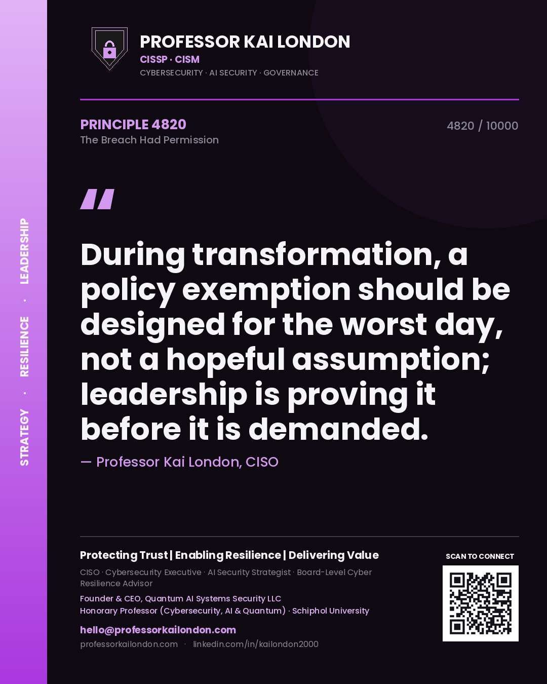 Quote card by Professor Kai London reading 'During transformation, a policy exemption should be designed for the worst day, not a hopeful assumption; leadership is proving it before it is demanded.'. From the book The Breach Had Permission.