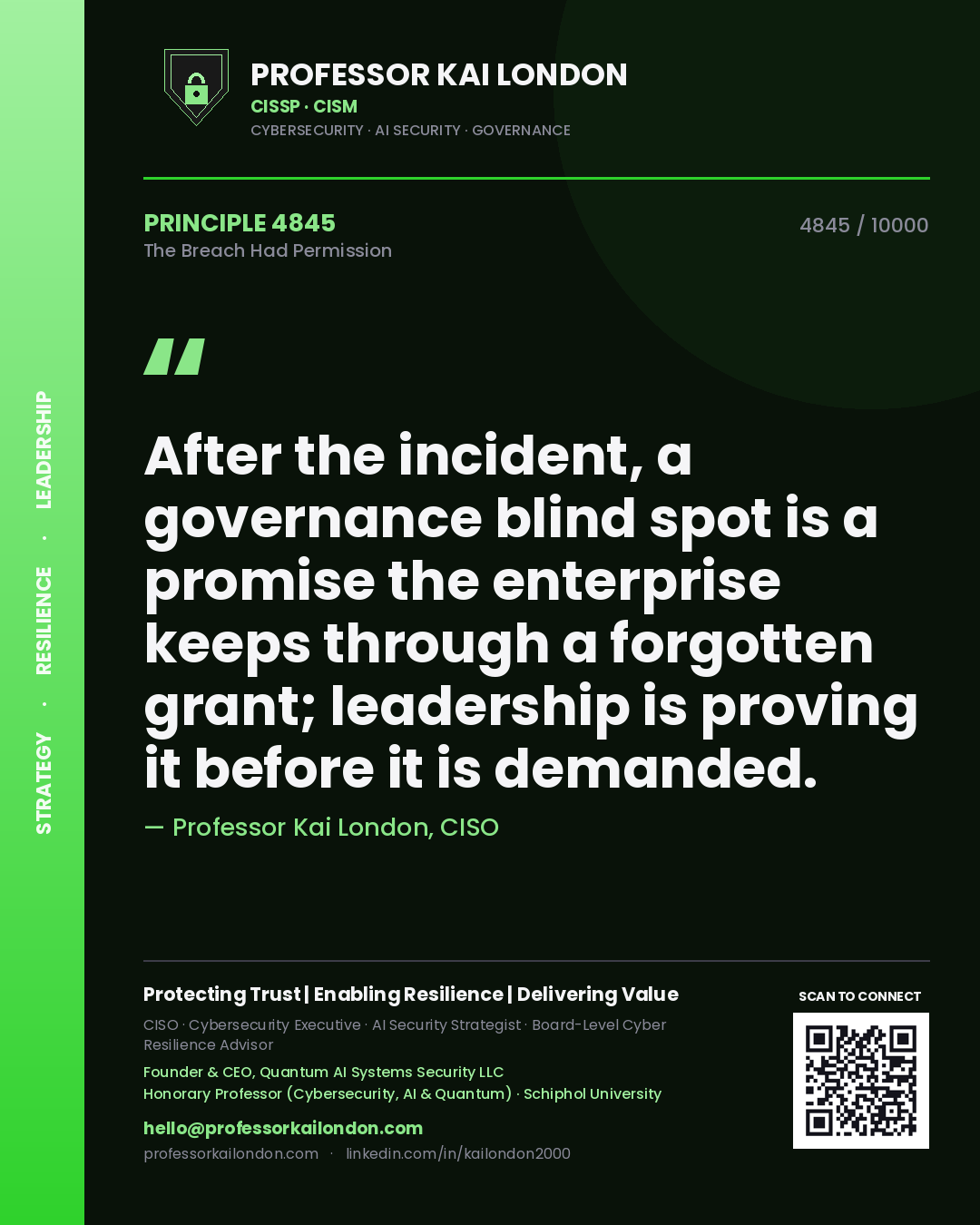 Quote card by Professor Kai London reading 'After the incident, a governance blind spot is a promise the enterprise keeps through a forgotten grant; leadership is proving it before it is demanded.'. From the book The Breach Had Permission.