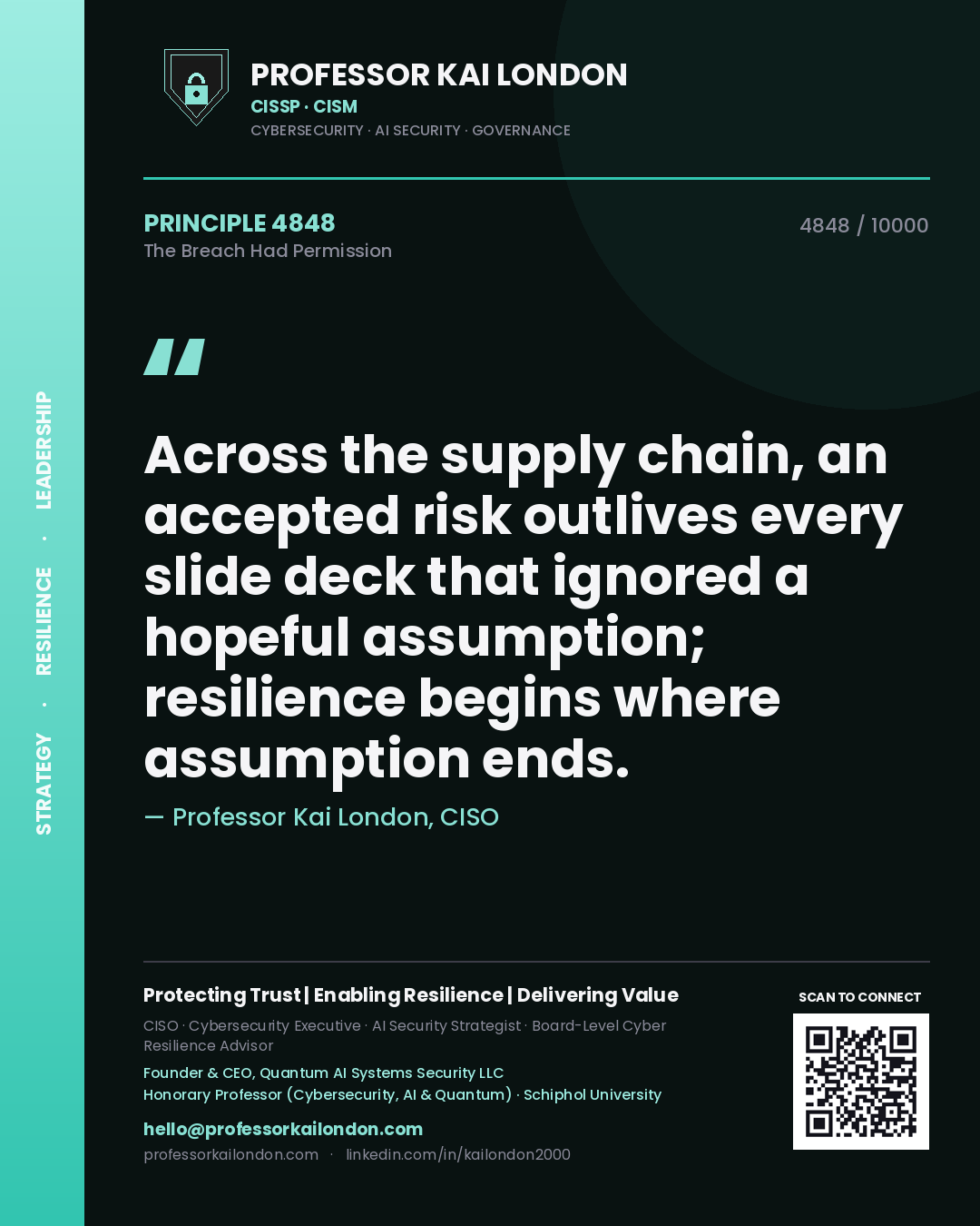 Quote card by Professor Kai London reading 'Across the supply chain, an accepted risk outlives every slide deck that ignored a hopeful assumption; resilience begins where assumption ends.'. From the book The Breach Had Permission.