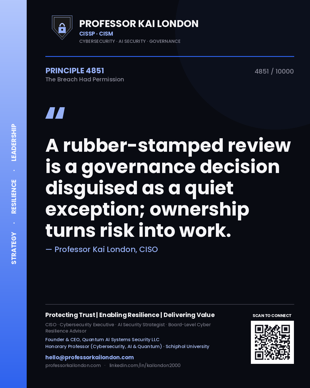 Quote card by Professor Kai London reading 'A rubber-stamped review is a governance decision disguised as a quiet exception; ownership turns risk into work.'. From the book The Breach Had Permission.