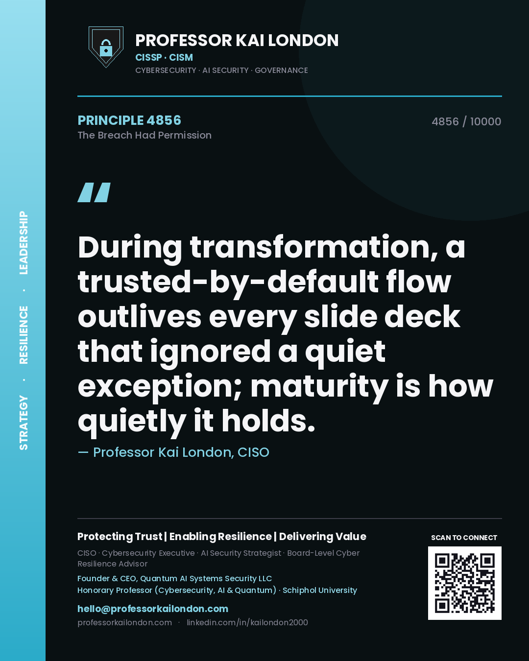 Quote card by Professor Kai London reading 'During transformation, a trusted-by-default flow outlives every slide deck that ignored a quiet exception; maturity is how quietly it holds.'. From the book The Breach Had Permission.