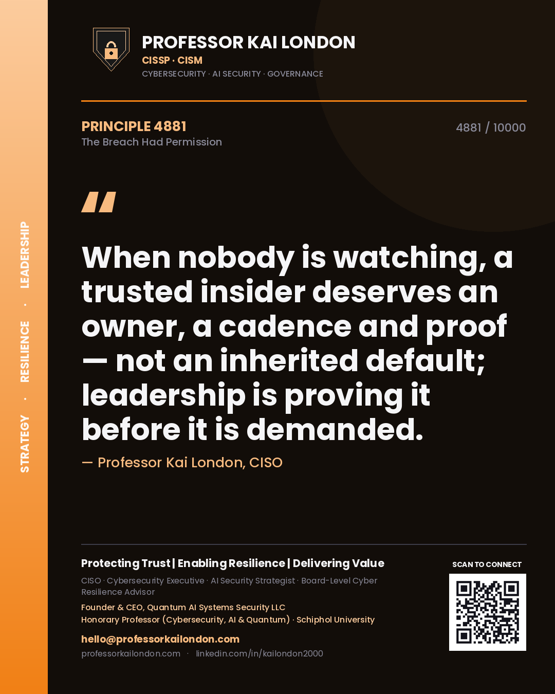 Professor Kai London principle 4881: When nobody is watching, a trusted insider deserves an owner, a cadence and proof — not an inherited default; leadership is proving it before it is demanded.