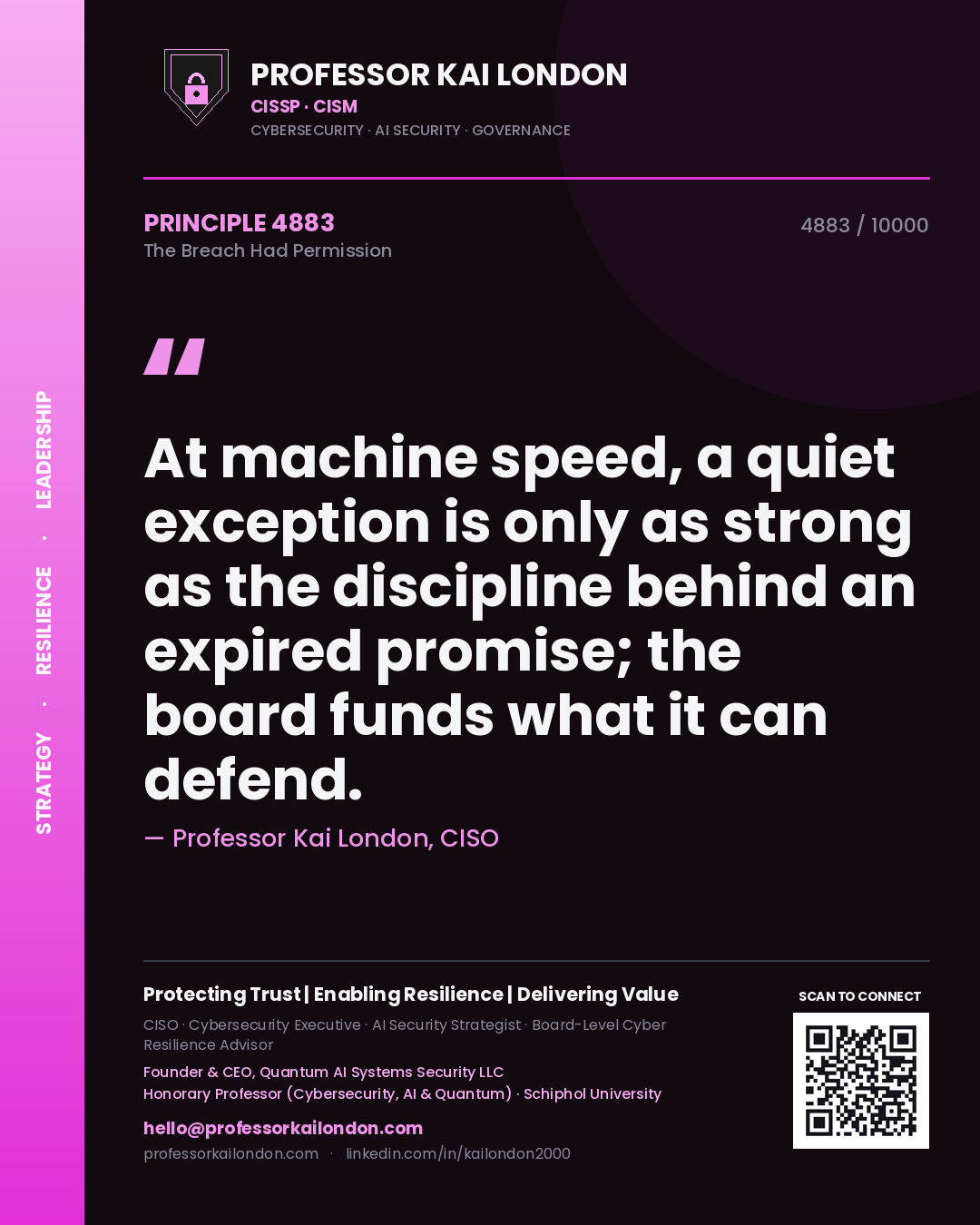 Quote card by Professor Kai London reading 'At machine speed, a quiet exception is only as strong as the discipline behind an expired promise; the board funds what it can defend.'. From the book The Breach Had Permission.