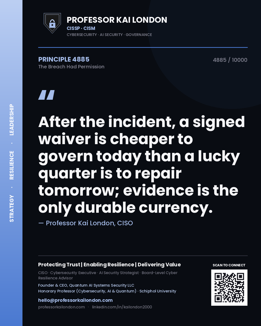 Quote card by Professor Kai London reading 'After the incident, a signed waiver is cheaper to govern today than a lucky quarter is to repair tomorrow; evidence is the only durable currency.'. From the book The Breach Had Permission.