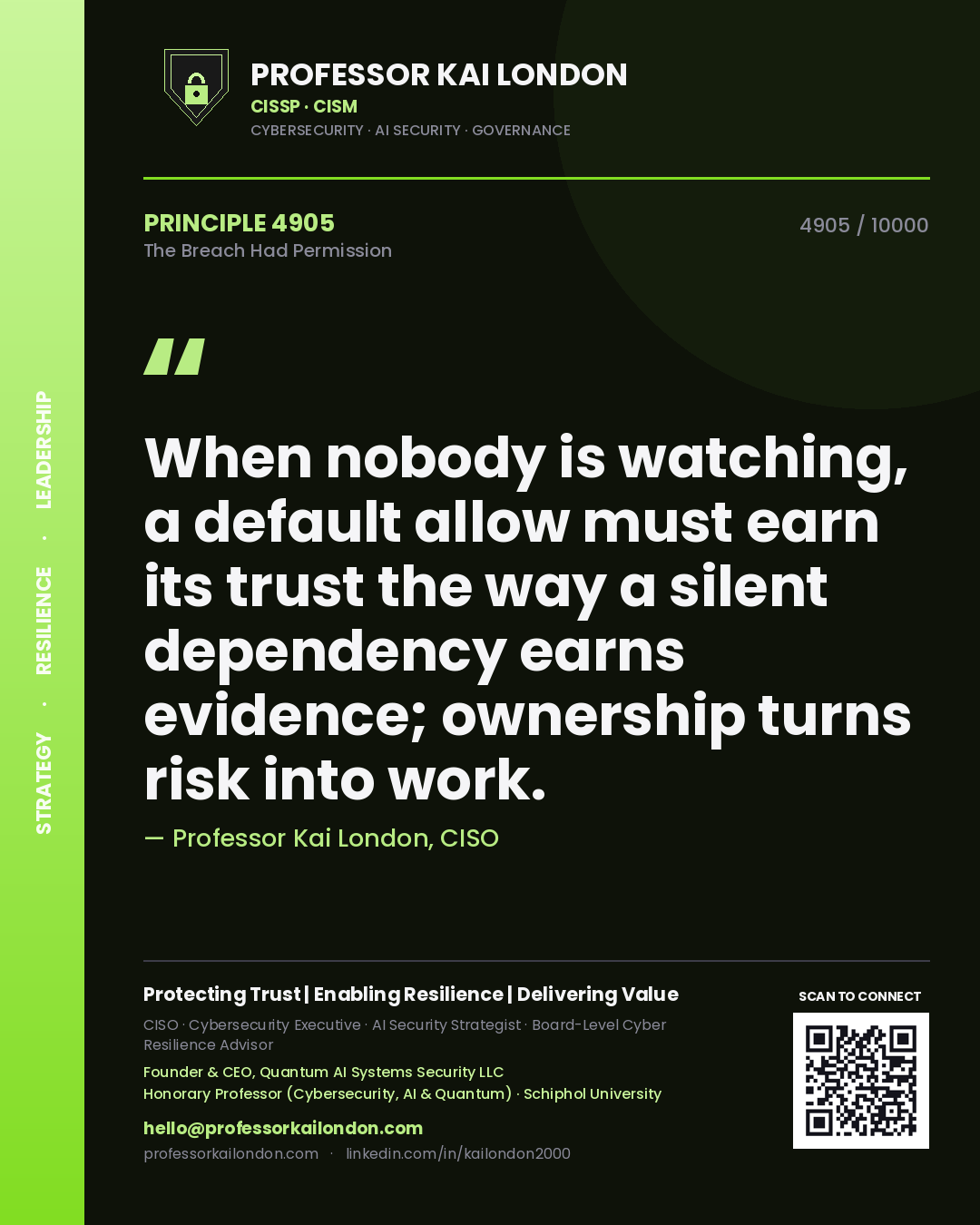 Quote card by Professor Kai London reading 'When nobody is watching, a default allow must earn its trust the way a silent dependency earns evidence; ownership turns risk into work.'. From the book The Breach Had Permission.
