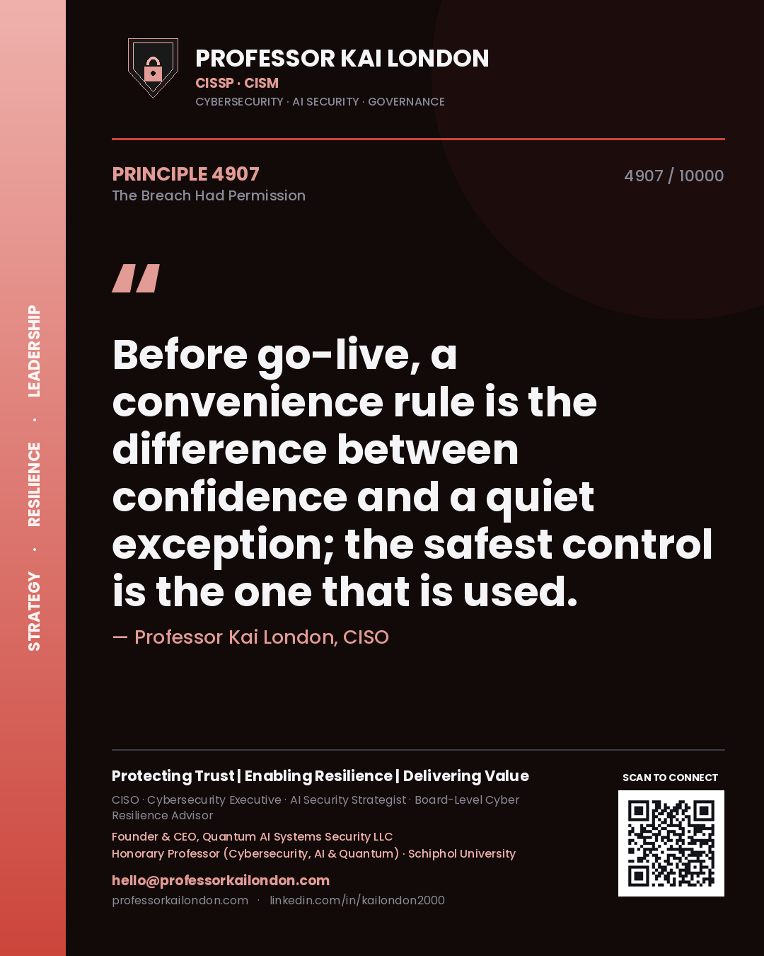 Quote card by Professor Kai London reading 'Before go-live, a convenience rule is the difference between confidence and a quiet exception; the safest control is the one that is used.'. From the book The Breach Had Permission.