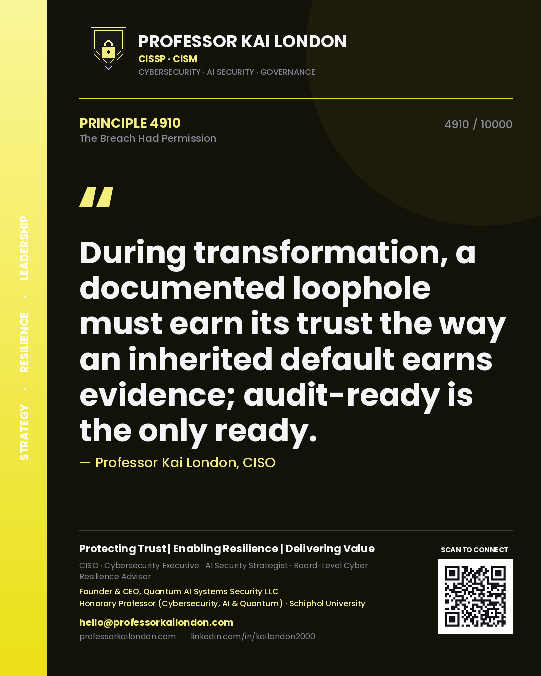 Professor Kai London principle 4910: During transformation, a documented loophole must earn its trust the way an inherited default earns evidence; audit-ready is the only ready.