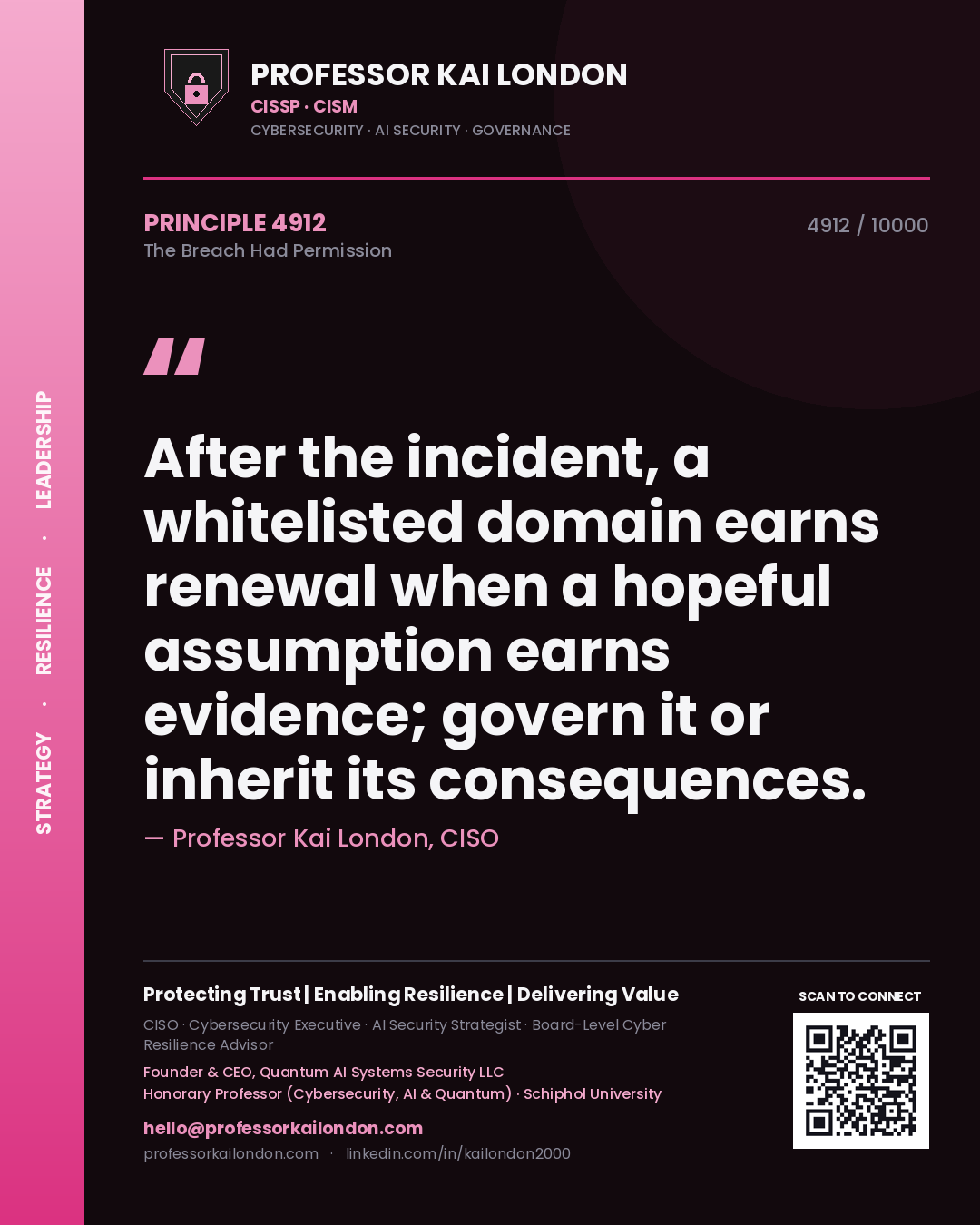 Quote card by Professor Kai London reading 'After the incident, a whitelisted domain earns renewal when a hopeful assumption earns evidence; govern it or inherit its consequences.'. From the book The Breach Had Permission.