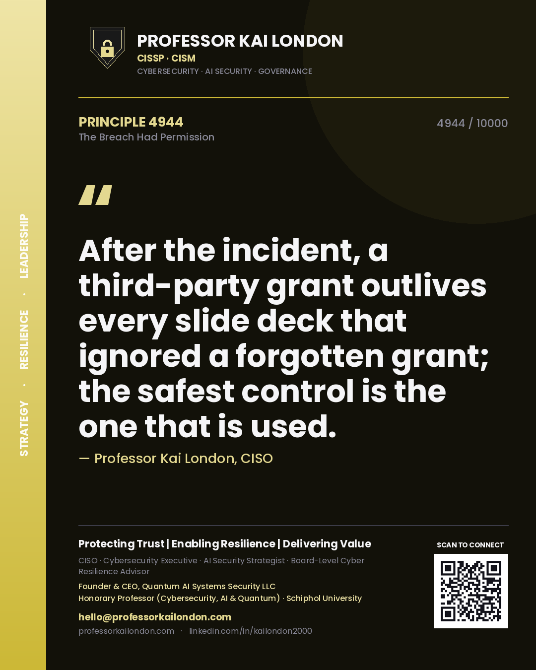 Professor Kai London principle 4944: After the incident, a third-party grant outlives every slide deck that ignored a forgotten grant; the safest control is the one that is used.