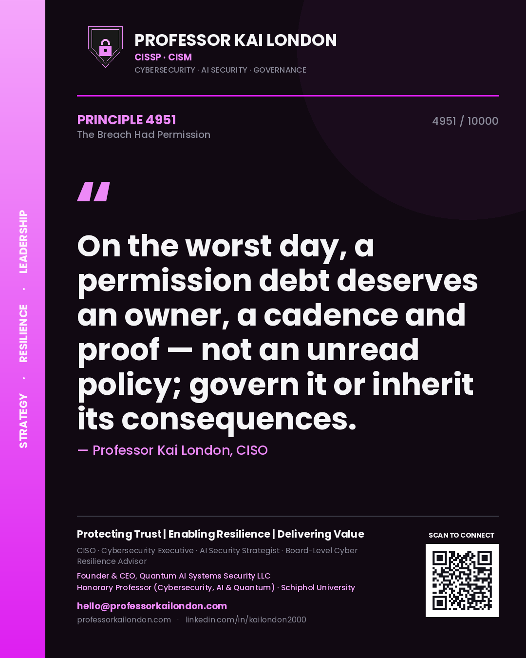 Quote card by Professor Kai London reading 'On the worst day, a permission debt deserves an owner, a cadence and proof — not an unread policy; govern it or inherit its consequences.'. From the book The Breach Had Permission.