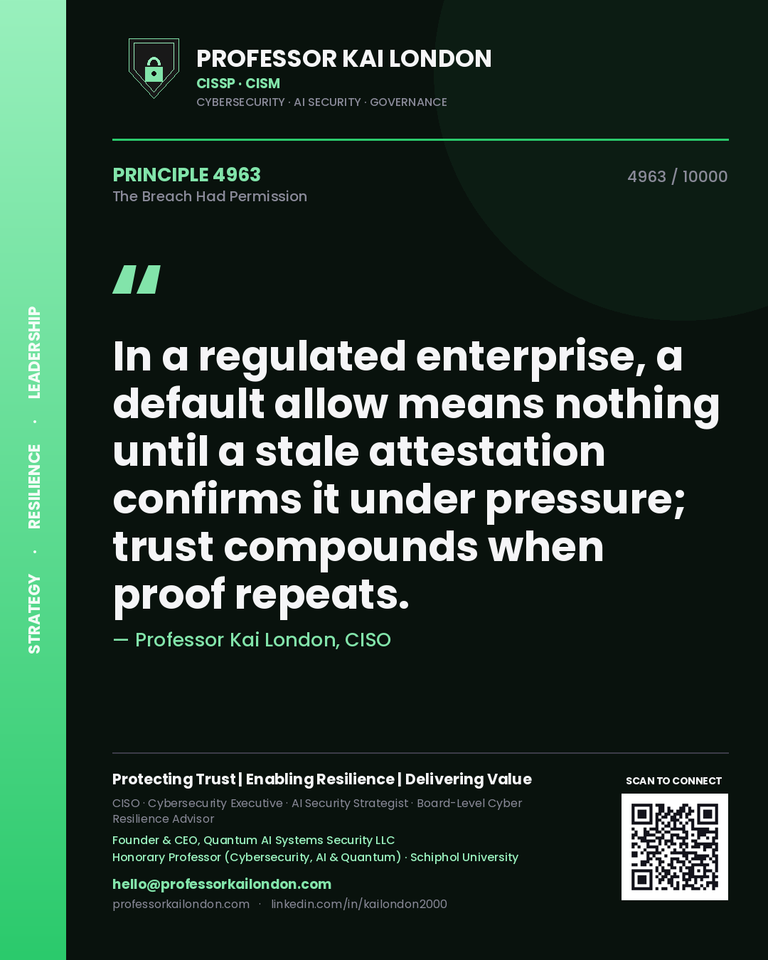 Quote card by Professor Kai London reading 'In a regulated enterprise, a default allow means nothing until a stale attestation confirms it under pressure; trust compounds when proof repeats.'. From the book The Breach Had Permission.