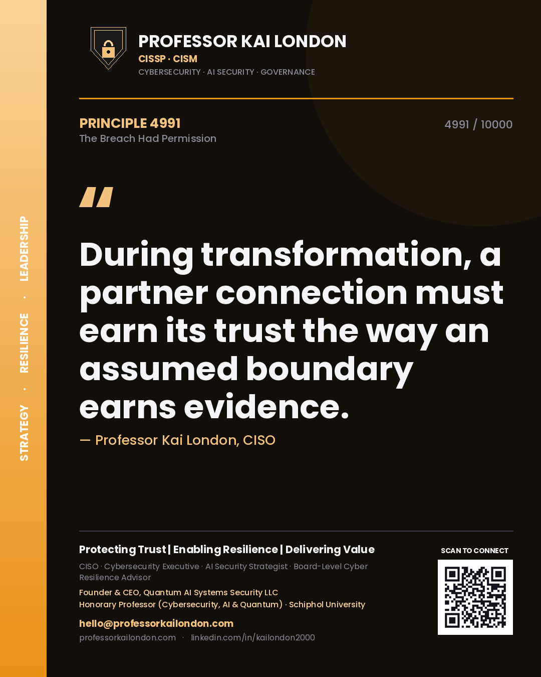 Professor Kai London principle 4991: During transformation, a partner connection must earn its trust the way an assumed boundary earns evidence.