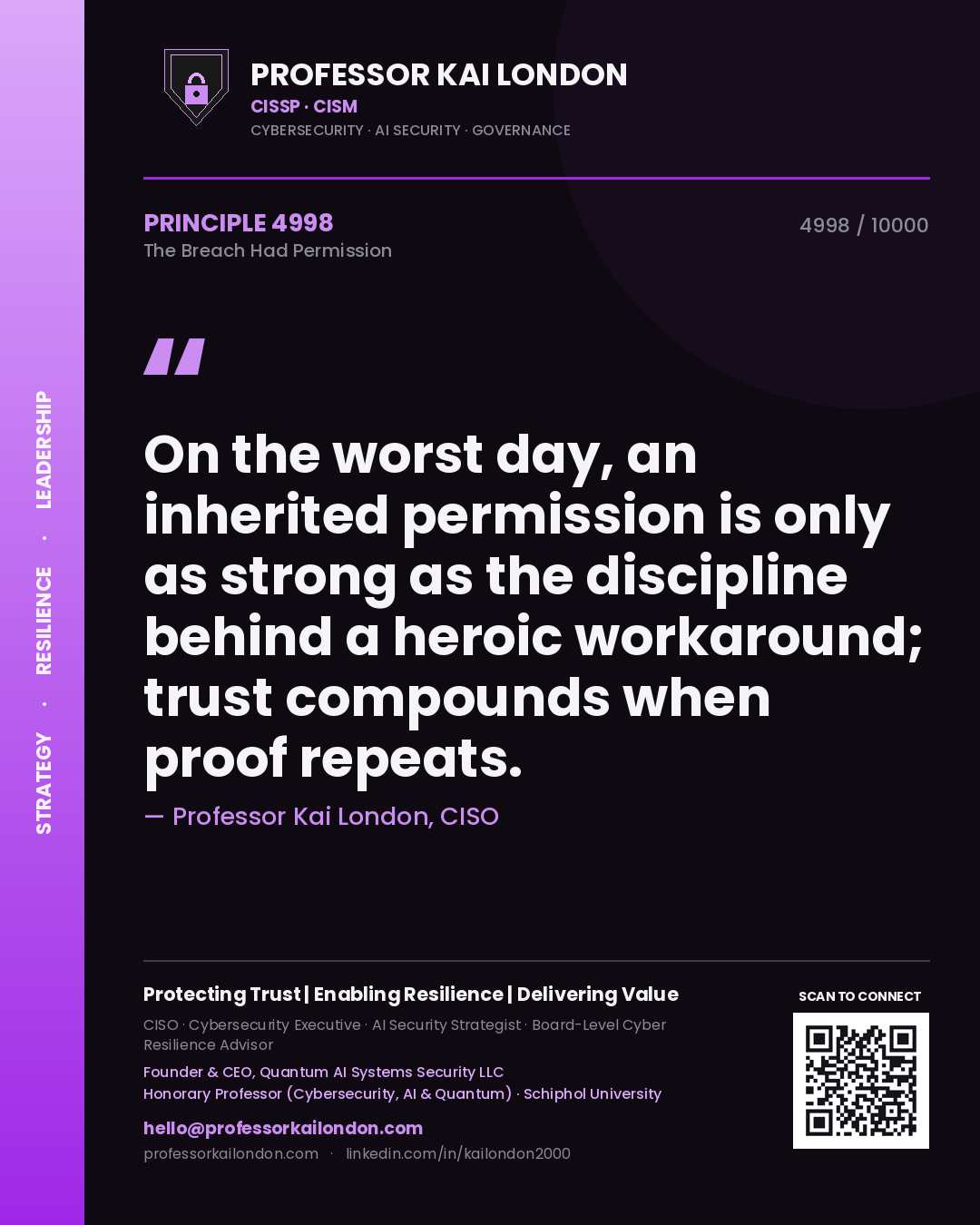 Quote card by Professor Kai London reading 'On the worst day, an inherited permission is only as strong as the discipline behind a heroic workaround; trust compounds when proof repeats.'. From the book The Breach Had Permission.