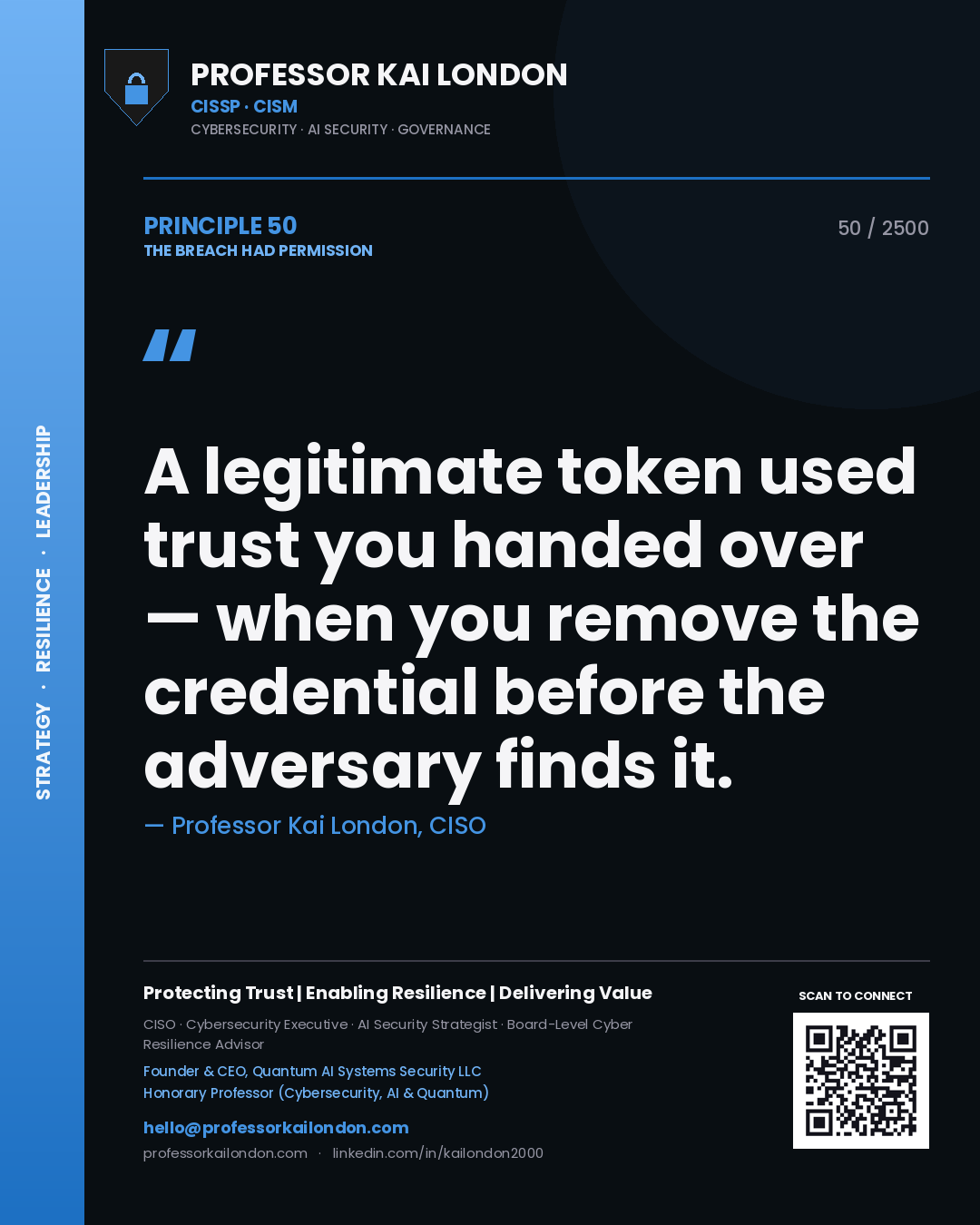 Professor Kai London principle 50: A legitimate token used trust you handed over — when you remove the credential before the adversary finds it.