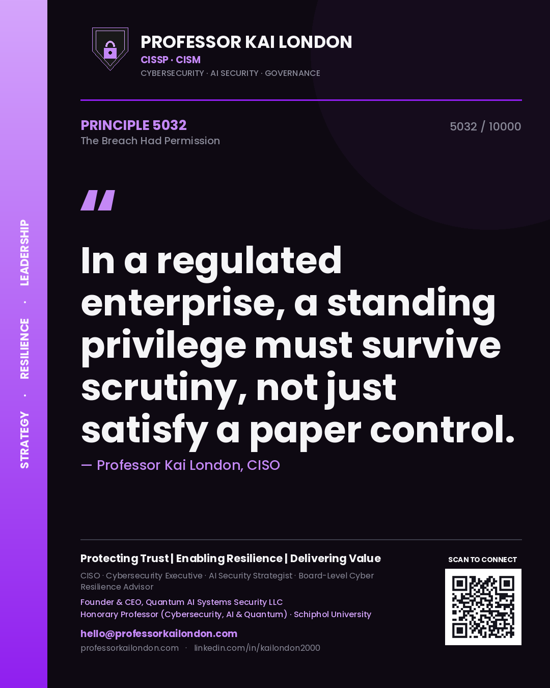 Professor Kai London principle 5032: In a regulated enterprise, a standing privilege must survive scrutiny, not just satisfy a paper control.