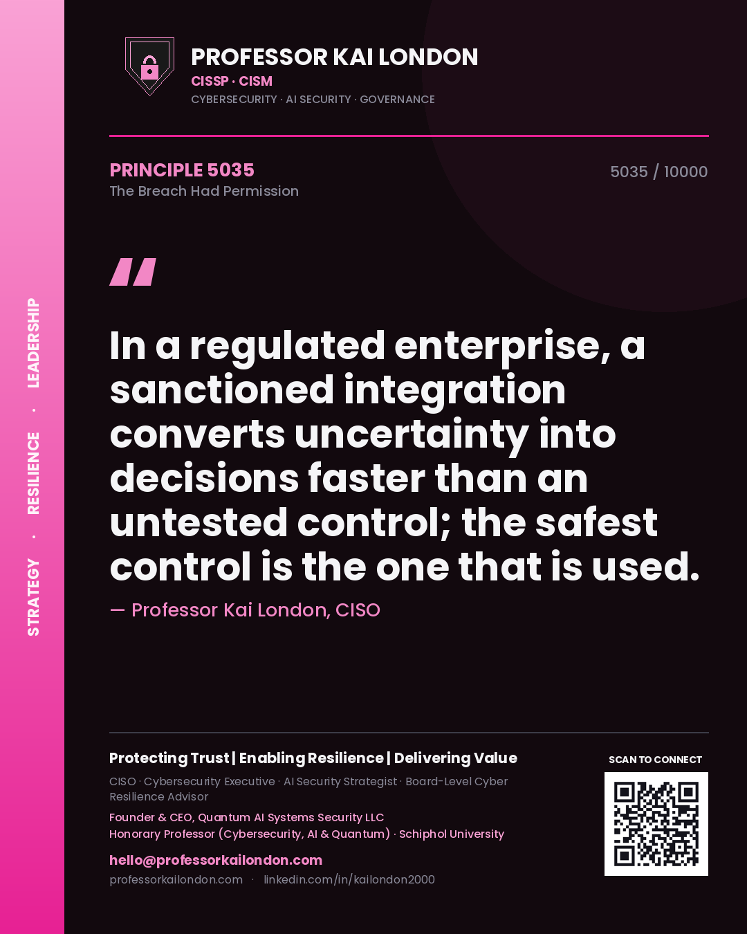 Professor Kai London principle 5035: In a regulated enterprise, a sanctioned integration converts uncertainty into decisions faster than an untested control; the safest control is the one that is used.
