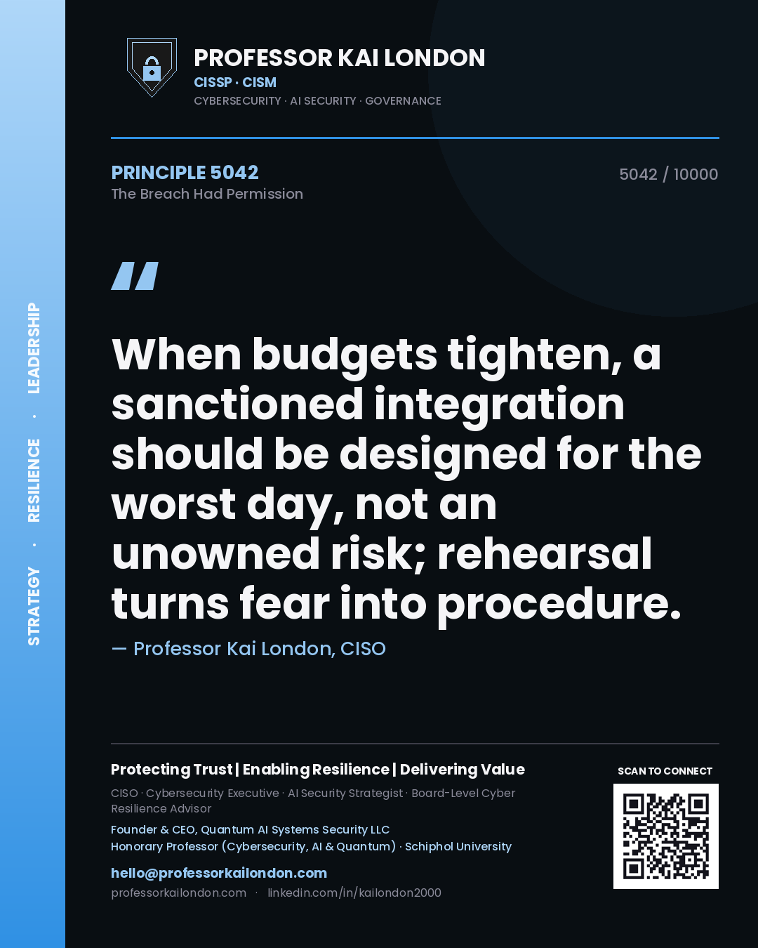 Professor Kai London principle 5042: When budgets tighten, a sanctioned integration should be designed for the worst day, not an unowned risk; rehearsal turns fear into procedure.