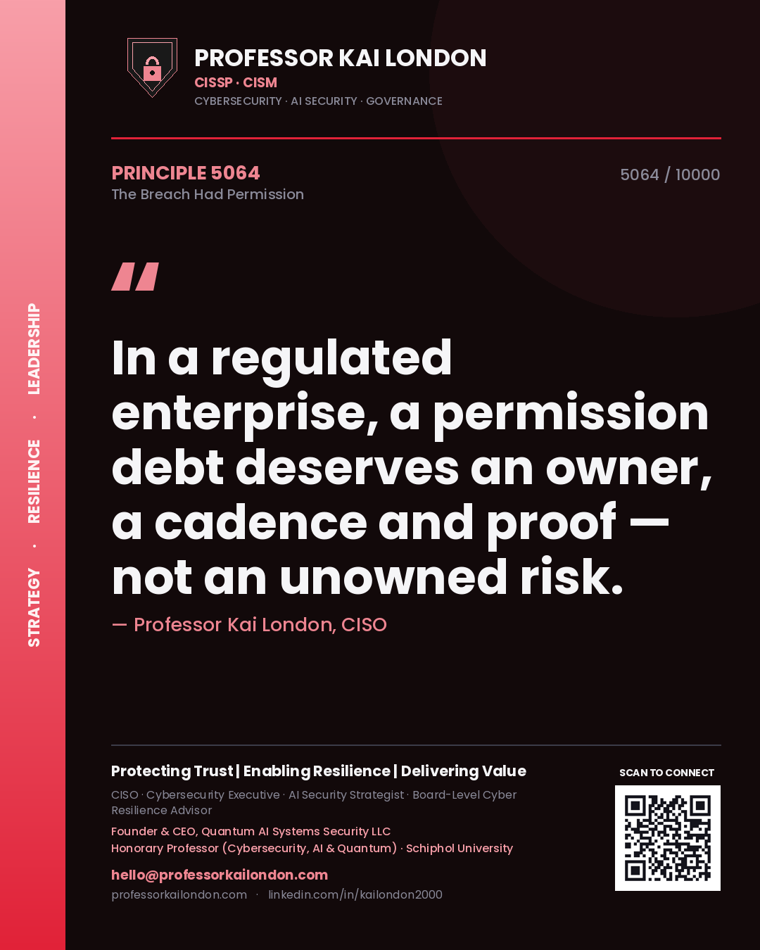 Quote card by Professor Kai London reading 'In a regulated enterprise, a permission debt deserves an owner, a cadence and proof — not an unowned risk.'. From the book The Breach Had Permission.