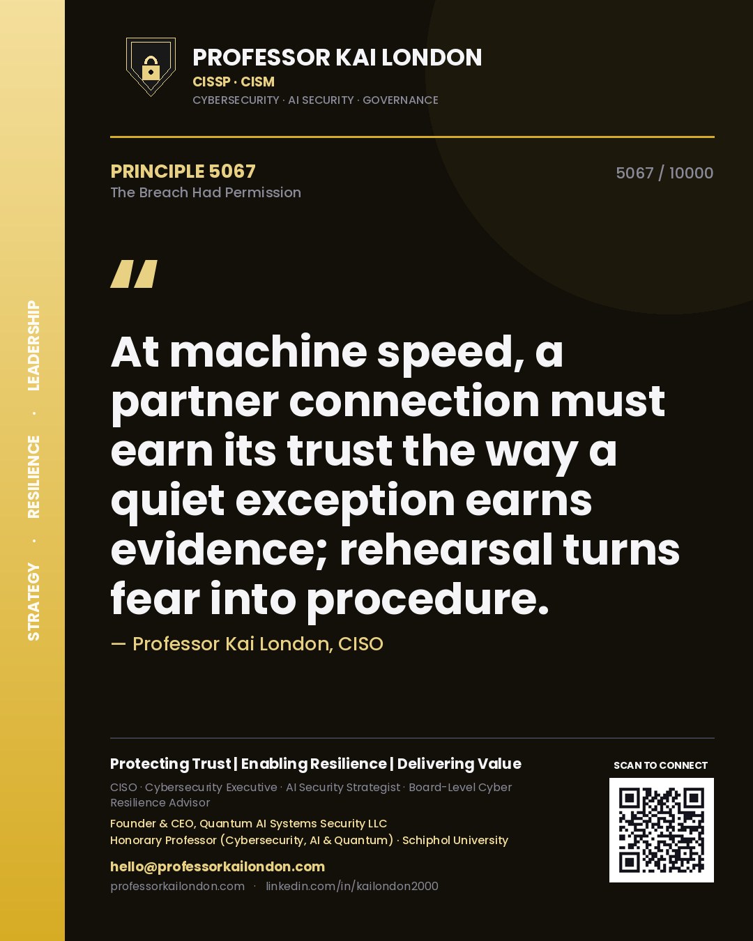 Professor Kai London principle 5067: At machine speed, a partner connection must earn its trust the way a quiet exception earns evidence; rehearsal turns fear into procedure.