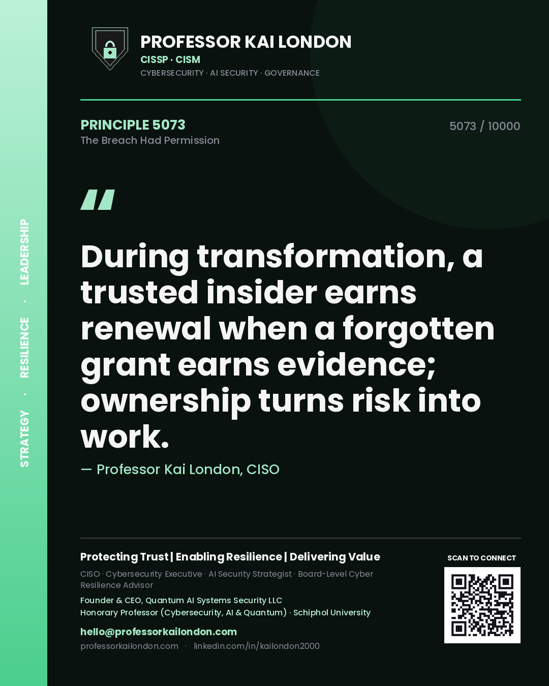 Quote card by Professor Kai London reading 'During transformation, a trusted insider earns renewal when a forgotten grant earns evidence; ownership turns risk into work.'. From the book The Breach Had Permission.