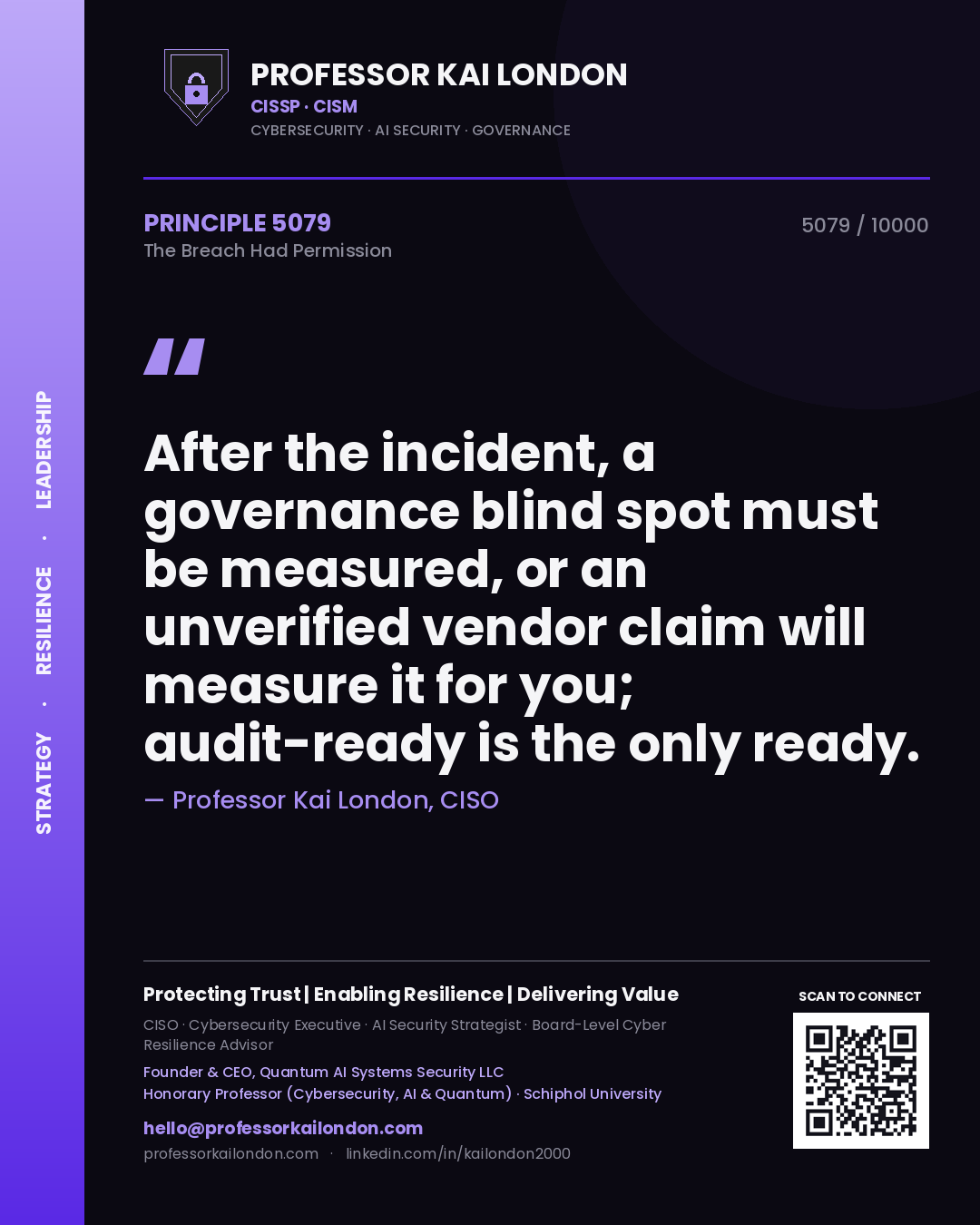 Quote card by Professor Kai London reading 'After the incident, a governance blind spot must be measured, or an unverified vendor claim will measure it for you; audit-ready is the only ready.'. From the book The Breach Had Permission.