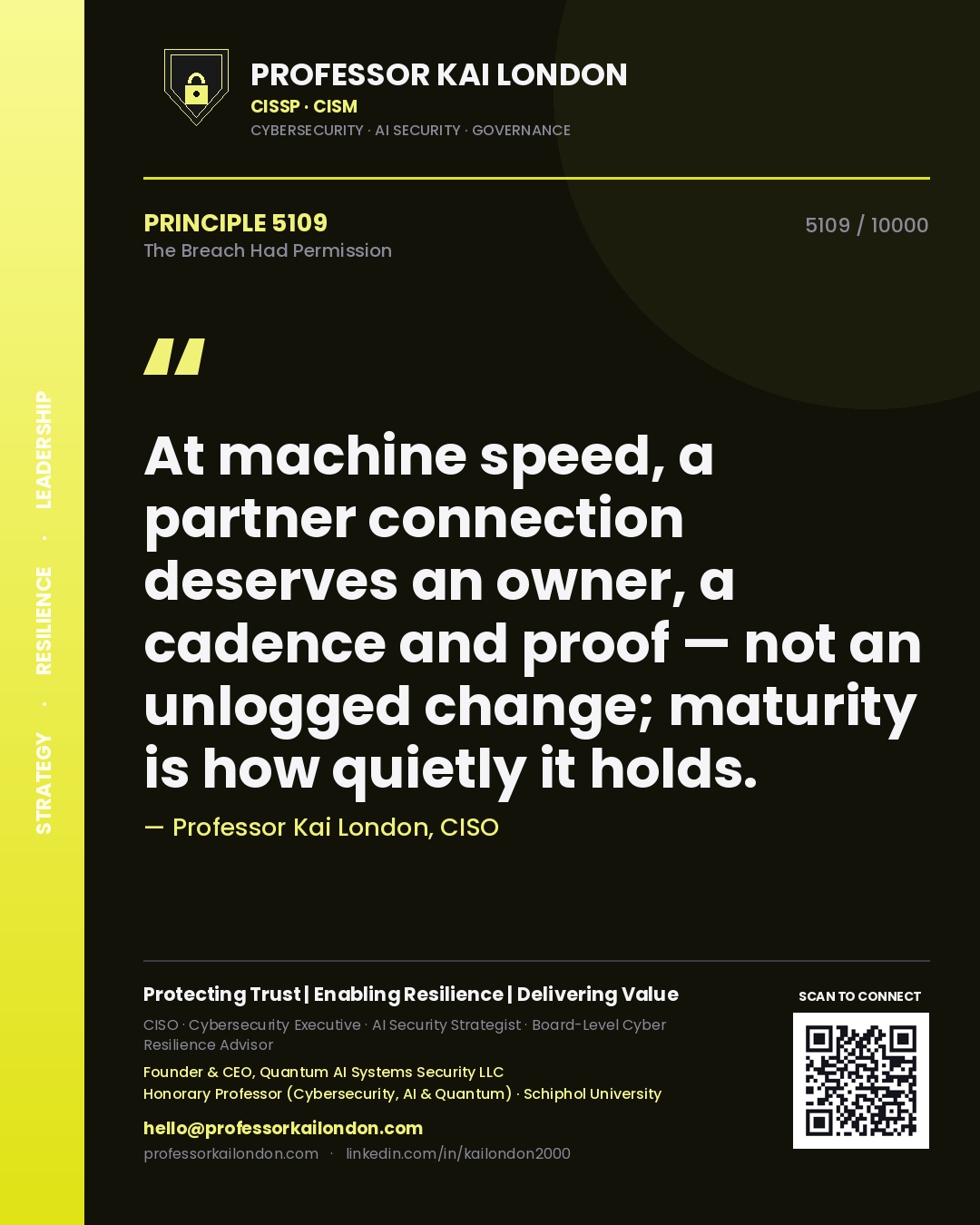 Professor Kai London principle 5109: At machine speed, a partner connection deserves an owner, a cadence and proof — not an unlogged change; maturity is how quietly it holds.