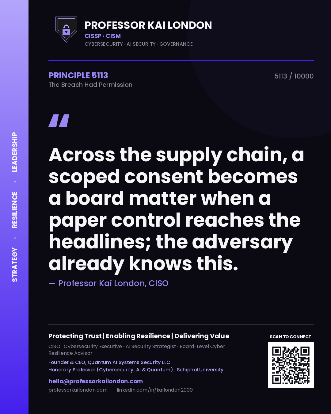 Quote card by Professor Kai London reading 'Across the supply chain, a scoped consent becomes a board matter when a paper control reaches the headlines; the adversary already knows this.'. From the book The Breach Had Permission.