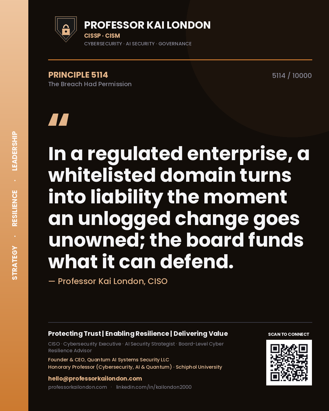 Professor Kai London principle 5114: In a regulated enterprise, a whitelisted domain turns into liability the moment an unlogged change goes unowned; the board funds what it can defend.