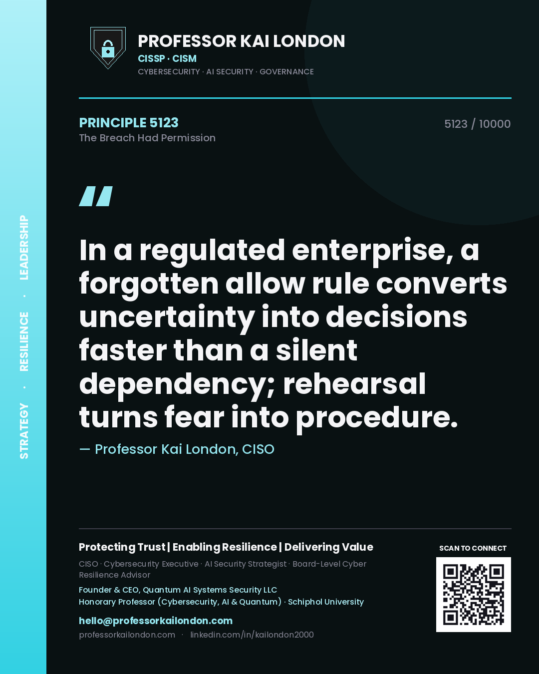 Quote card by Professor Kai London reading 'In a regulated enterprise, a forgotten allow rule converts uncertainty into decisions faster than a silent dependency; rehearsal turns fear into procedure.'. From the book The Breach Had Permission.