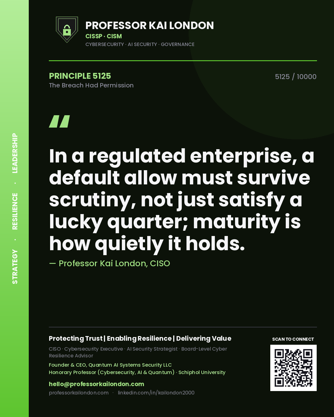 Professor Kai London principle 5125: In a regulated enterprise, a default allow must survive scrutiny, not just satisfy a lucky quarter; maturity is how quietly it holds.