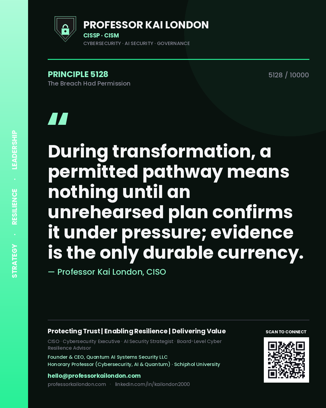 Quote card by Professor Kai London reading 'During transformation, a permitted pathway means nothing until an unrehearsed plan confirms it under pressure; evidence is the only durable currency.'. From the book The Breach Had Permission.